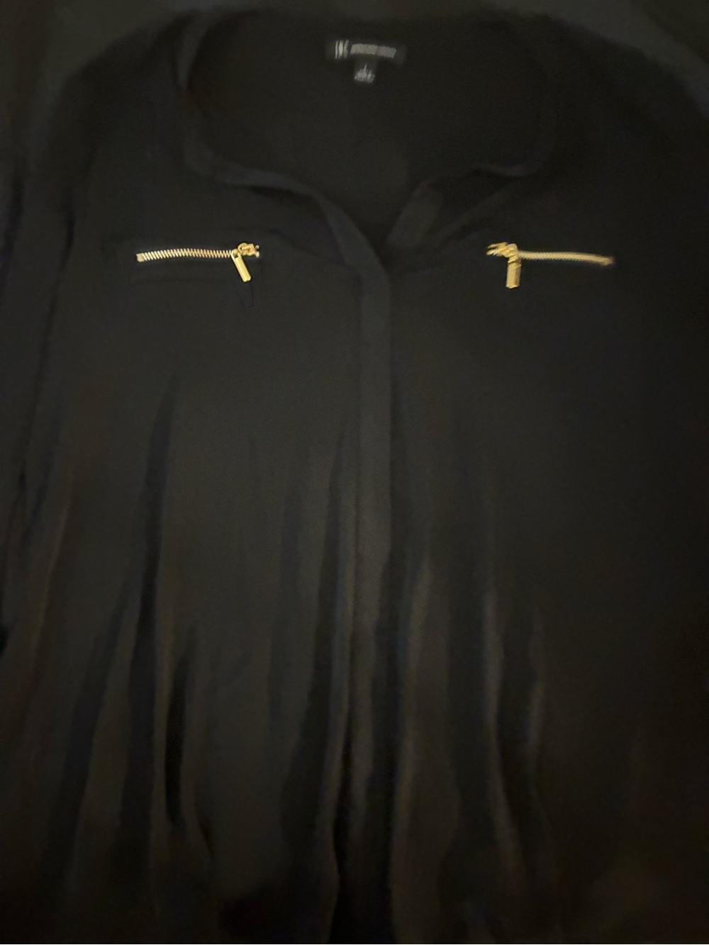 INC International Concepts Black Blouse with Gold Zip Accents
